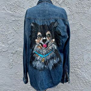Pomerarian Dog Denim Shirt Unisex Handmade quirky